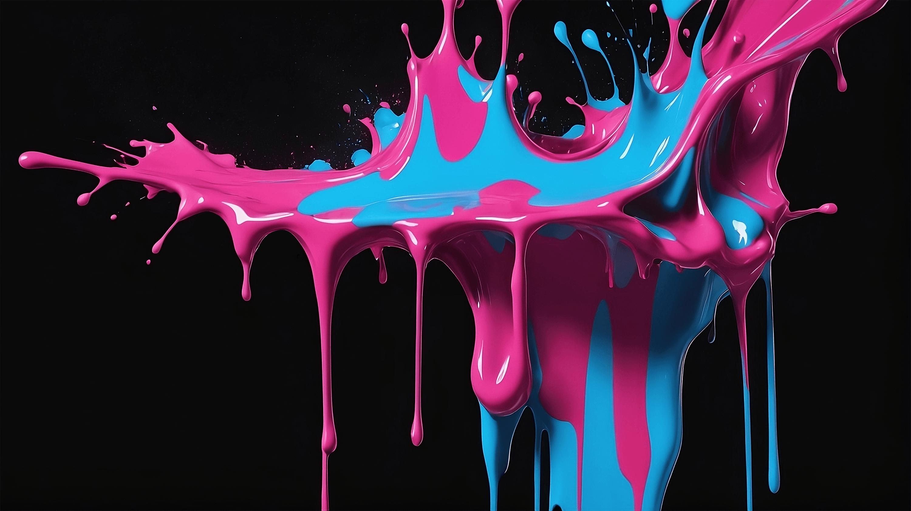 Pink and baby blue paint colliding and dripping